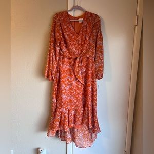 London Times Size 14 orange faux wrap dress. Midi length with slight high low.